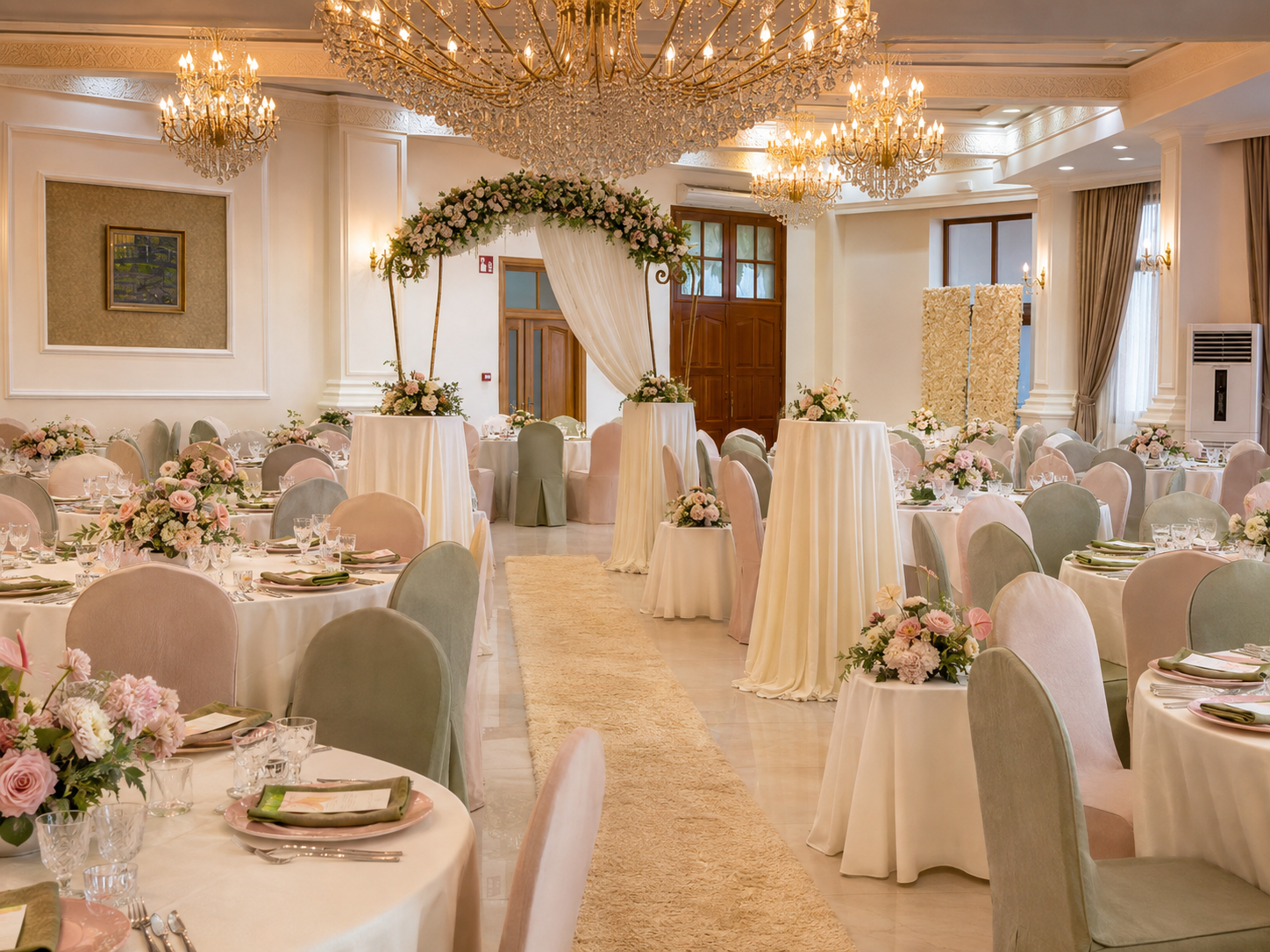 Salle claire avec arches florales