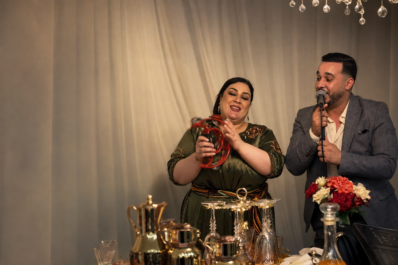 Duo d'artistes chantant au tambourin lors d'une réception