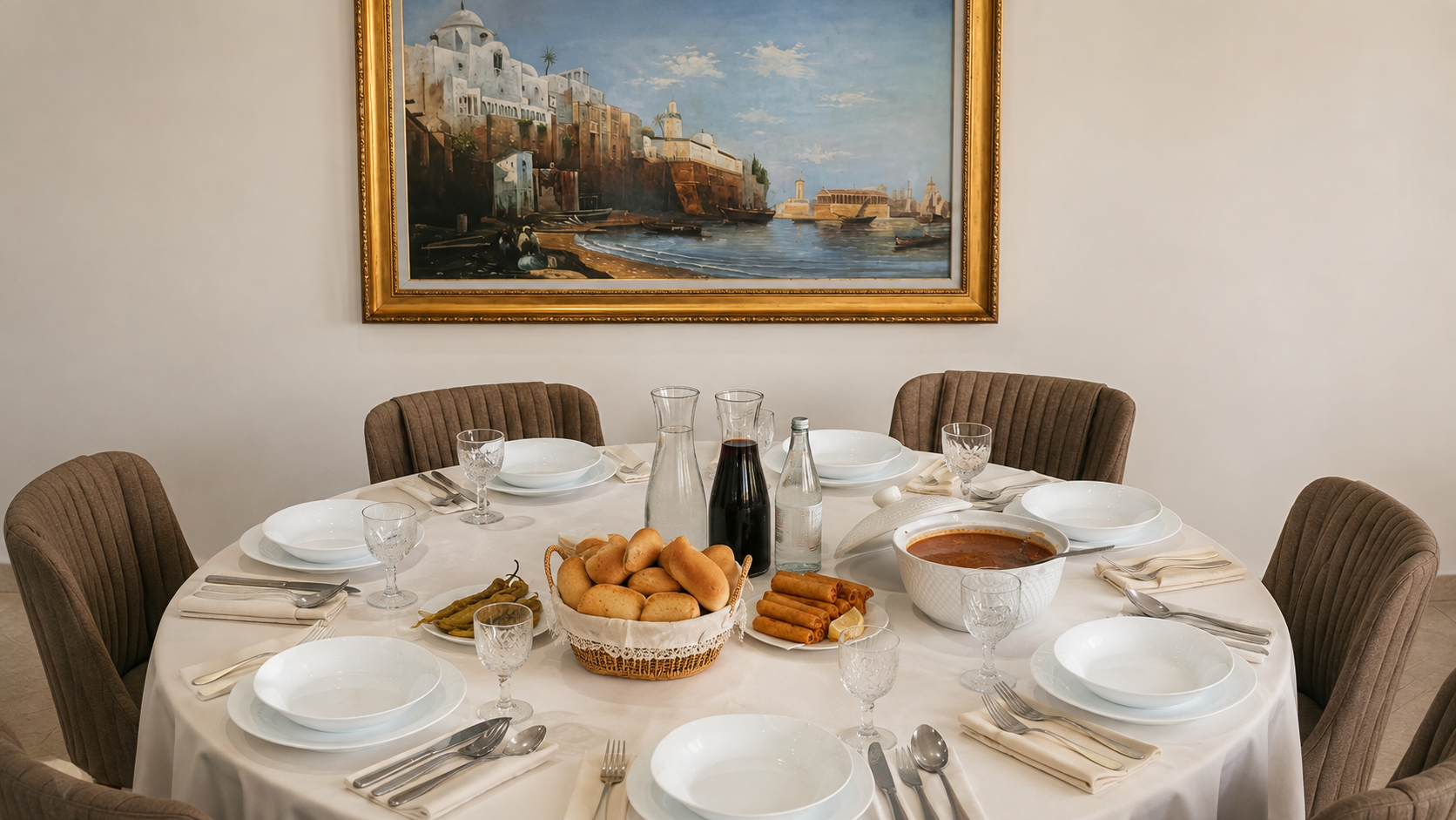 Table ronde dressée avec entrées et carafes