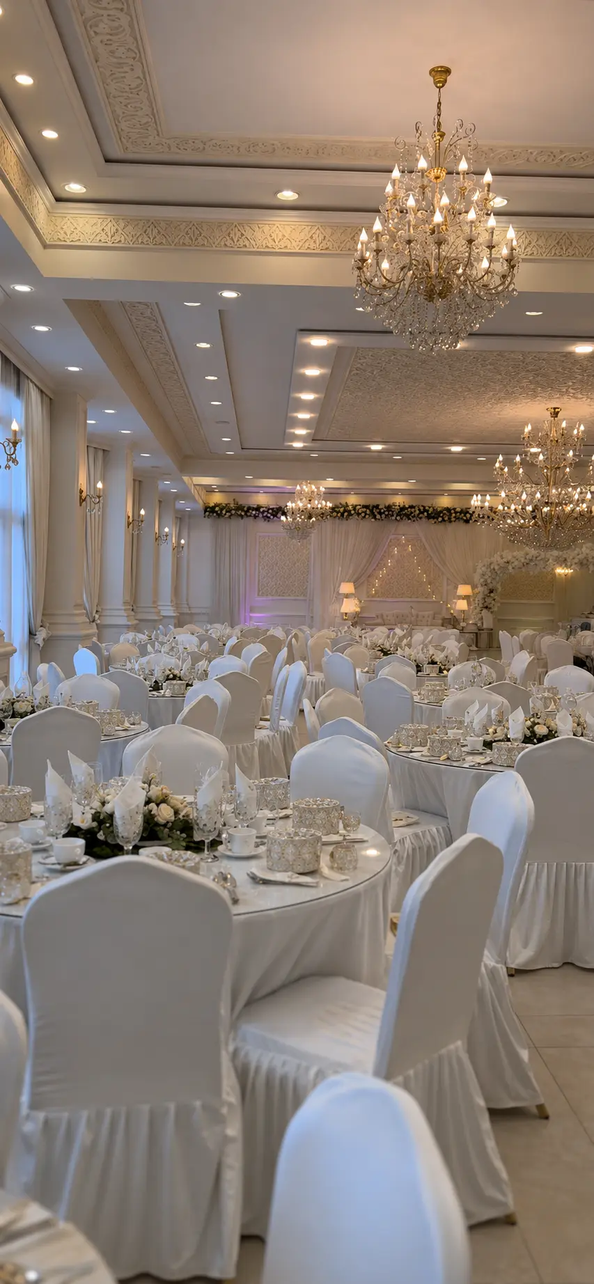 Salle dressée en blanc sous les lustres