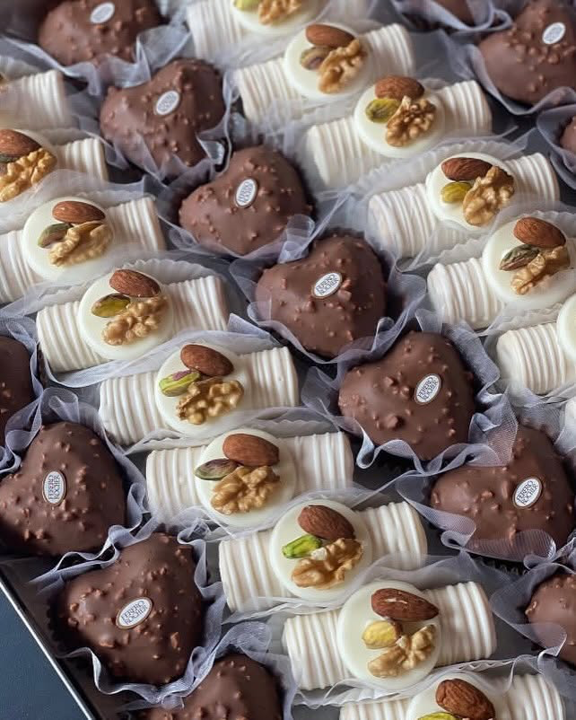 Chocolats blancs et noirs garnis de noix, amandes et pistaches