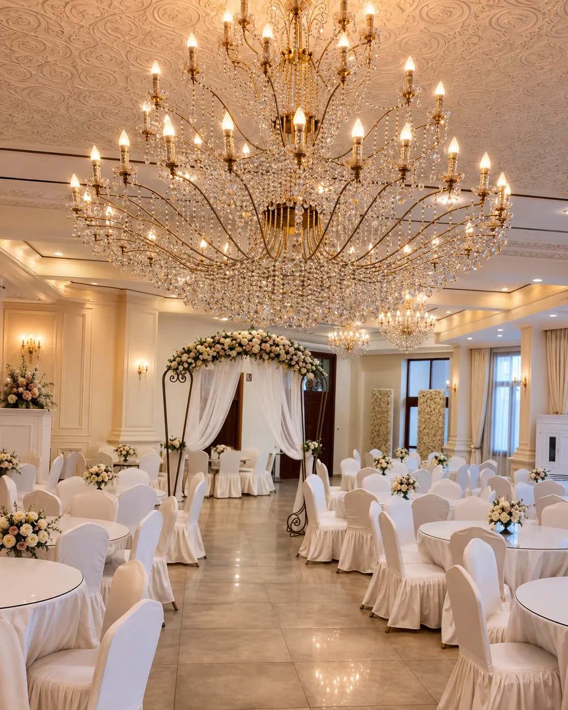 Grande salle, lustre en cristal et arche florale blanche