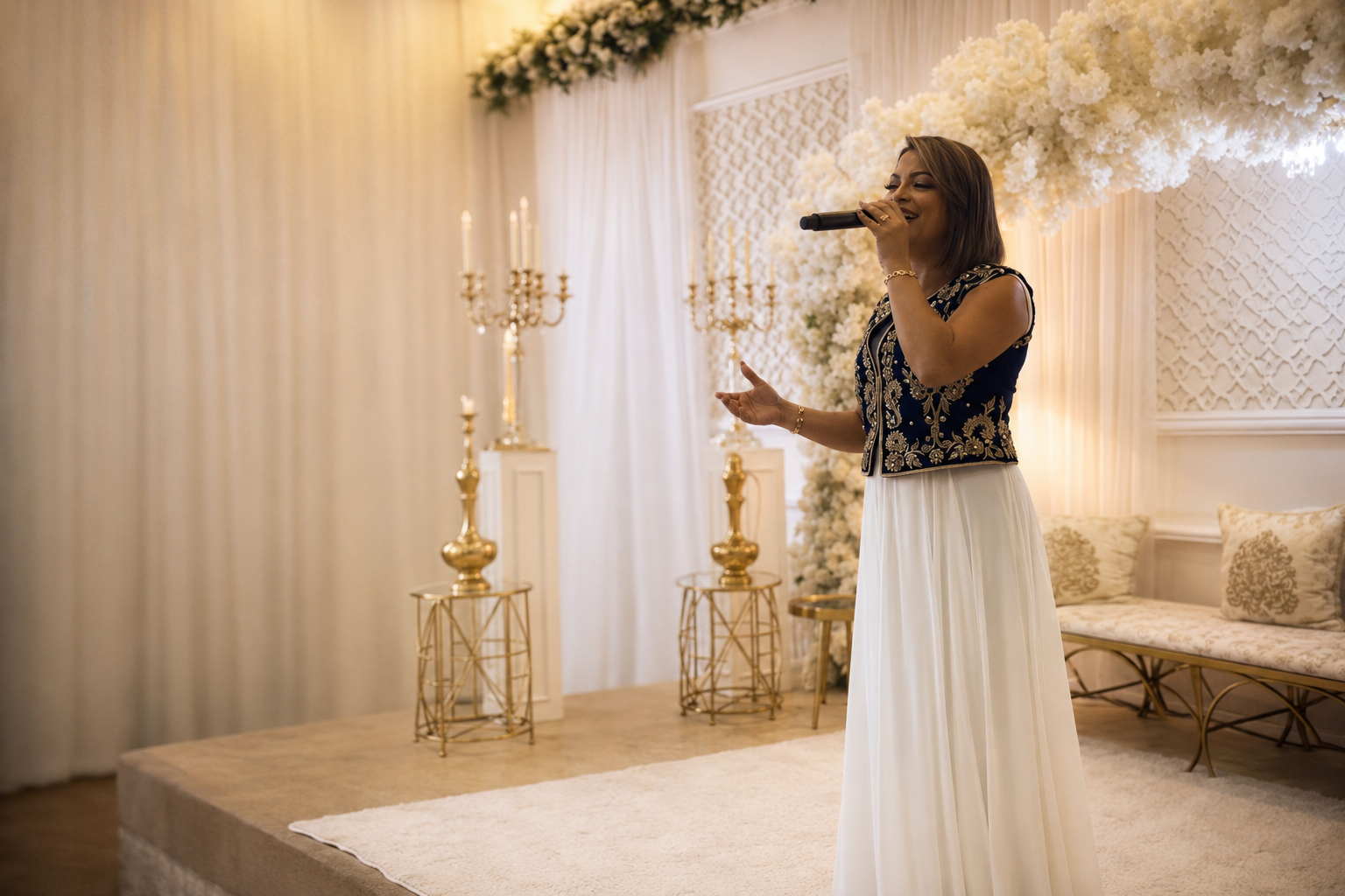 Chanteuse en robe blanche et corset brodé sur scène