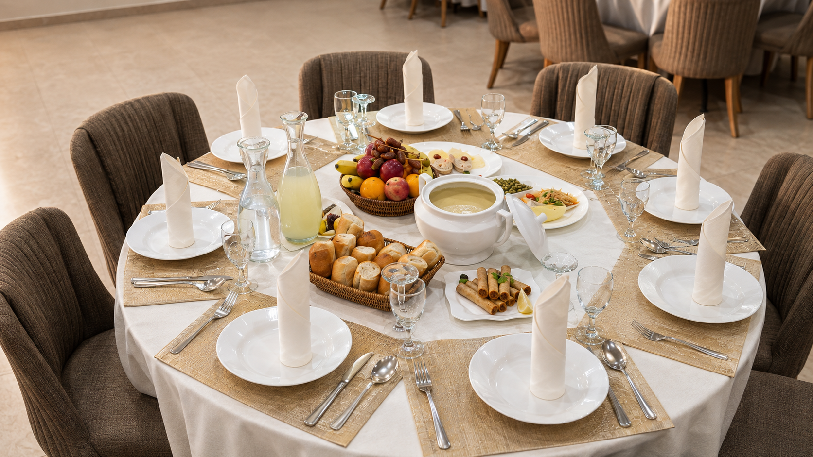 Table dressée avec serviettes pliées et corbeille de fruits