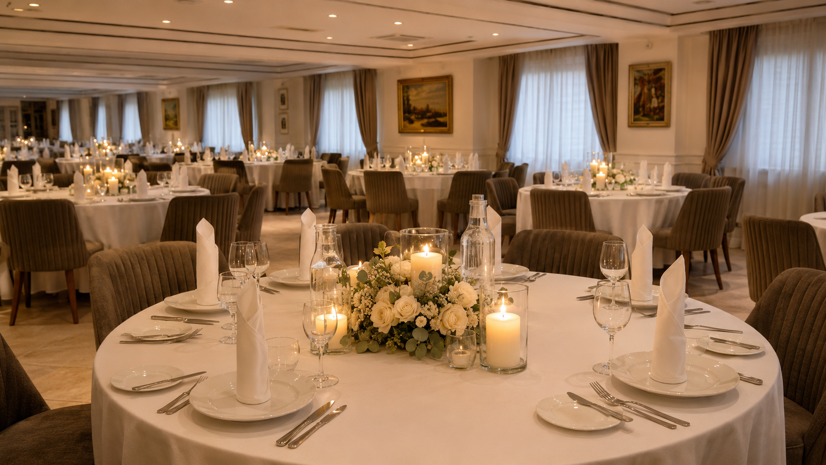 Salle de restauration dressée en blanc